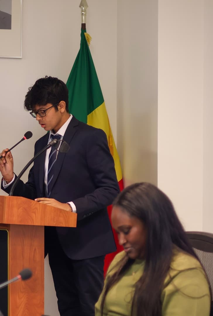 Delivering a speech at the PMoS to UN